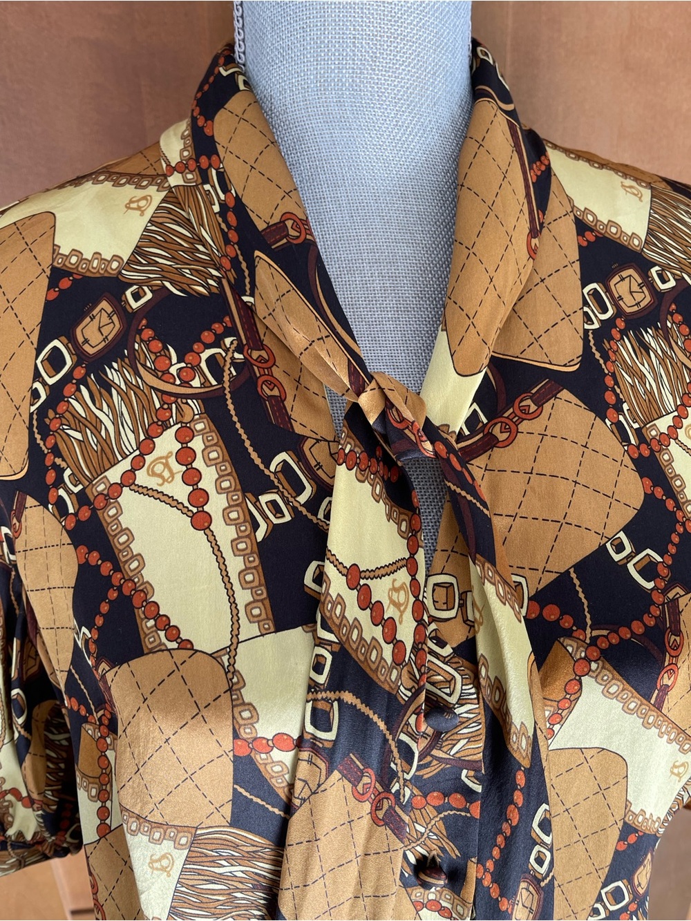 Luisa Spagnoli 100% Silk Tan & Black Tie-Neck Button-Up Short-Sleeve Blouse XL
